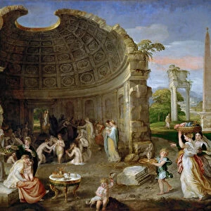 Landscape with antique ruins and bathing women