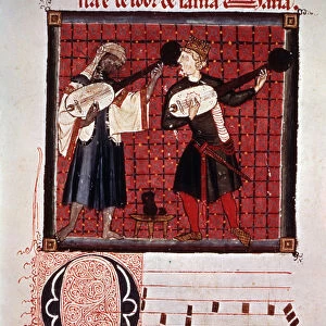 Moor and Christian playing the lute, miniature in the Music book from the Cantigas