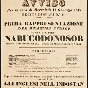 Poster for the opera Nabucco by Giuseppe Verdi in Teatro Grande on 11 January 1843, 1843