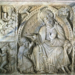 Saint Paul indoctrinating Santa Tecla. Altar front in white marble in the cathedral of Tarragona