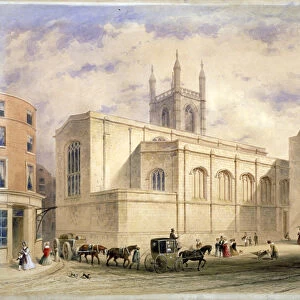 View of St Mary Aldermary with a street scene in Watling Street, City of London, c1850