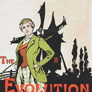Advertising poster for the Harper and Brothers 1896 edition of The Evolution of Woman by Harry Whitney McVickar, 1860 - 1905. The slim (96 pages) volume featured illustrations accompanied by doggerel concerning the lot of women through the ages