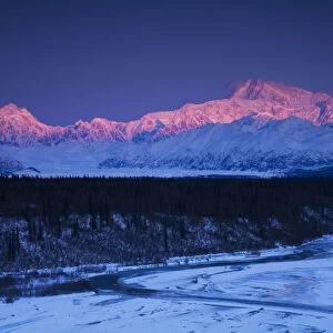 Alpenglow On Mt. Mckinley And Mt. Hunter As Seen From The Denali South Overlook Along The Parks Highway, Denali State Park, Alaska, Winter