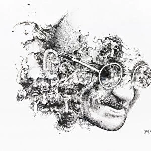 Black And White Illustration Of A Mans Face Wearing Eyeglasses And Covered With Other Male Faces