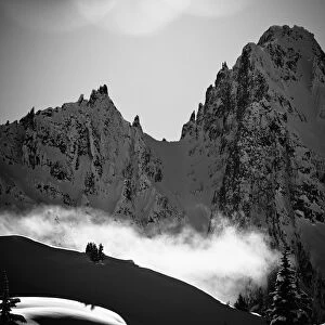 Black And White Scenic View Of Mountain Peaks Above Haines In Winter, Southeast Alaska