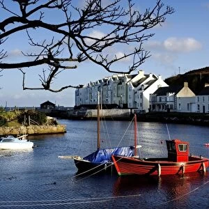 Boats Moored At A Riverbank With Buildings In The Background, Cushendun, County Antrim, Northern Ireland