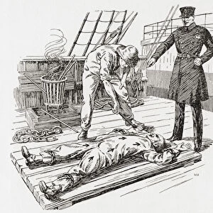 The branding of a prisoner with a hot iron on board a prison hulk in the early 19th century. From The Martyrs of Tolpuddle, published 1934