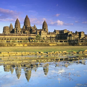 Cambodia, Siem Reap, Angkor Wat, View Of Temple From Front, Reflection In Pool