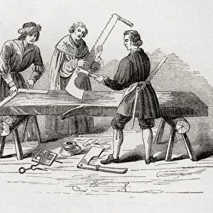 Carpenters and their tools in the 16th century. From The History of Progress in Great Britain, published 1866