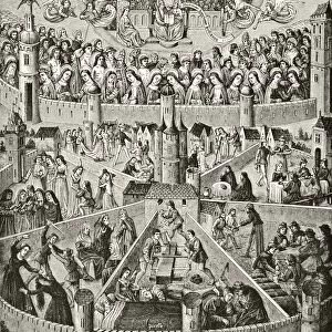 The City Of God Of St Augustine After A 15Th Century Engraving. The Upper Enclosure Represents Saints Who Have Been Received Into Heaven. The Seven Enclosures Below Show Those Preparing Themselves For Heaven By Exercising Christian Virtues, Or Who Are Excluding Themselves By Committing One Or Other Of The Seven Capital Sins From Science And Literature In The Middle Ages By Paul Lacroix Published London 1878