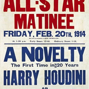 Colour lithograph poster format advertising Harry Houdini, magician, illusionist and stunt performer