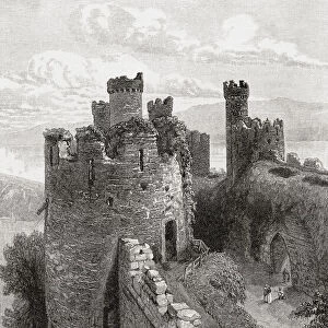 Conwy Castle, Conwy, Wales. The Bakehouse tower, seen here in 1880 before recontruction repairs began. From Welsh Pictures, published 1880