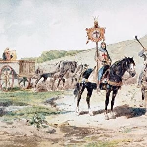 Crusaders On The March In The 11Th Century With A Horse Drawn Supply Wagon. After A Watercolour By A. Heins. From Cortege Historique Des Moyens De Transport. Published Brussels, 1886