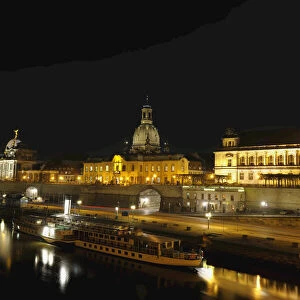 Dresden Skyline with River Elbe at Night, Dresden, Saxony, Germany