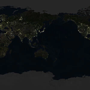 Whole Earth At Night Centred On Pacific Ocean, True Colour Satellite Image Of The Earth