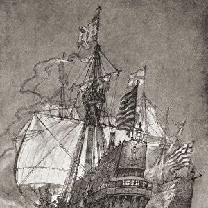 EDITORIAL The Spanish galleon Nuestra Senora de la Concepcion aka Cacafuego, captured by Sir Francis Drake aboard The Golden Hind, 1579. From The Book of Ships, published c. 1920