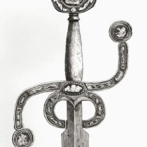 English Sword, C. 1580, With Very Rare Flat Pommel And Swept S-Hilt, Inlaid With Silver. On The Pommel And Extremities Of The Hilt Are Inlaid Medallions Of Silver Representing St. George And The Dragon. From The British Army: Its Origins, Progress And Equipment, Published 1868