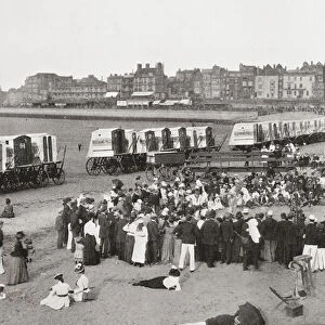 Entertainment on the beach at Margate, Kent, England in the 19th century. From Around The Coast, An Album of Pictures from Photographs of the Chief Seaside Places of Interest in Great Britain and Ireland published London, 1895, by George Newnes Limited