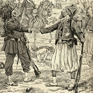 French And Sardinian Soldiers Shaking Hands To Celebrate Their Victory Against The Austrians After The Battle Of Palestro, Italy, 1859. From Agenda Buvard Du Bon Marche Published 1917