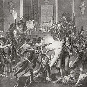 Gendarme Merda Shooting At Robespierre During The Night Of The 9 Thermidor. The Thermidorian Reaction Was A Revolt In The French Revolution When The National Convention Voted To Execute Maximilien Robespierre, Louis Antoine De Saint-Just And Others. From A Contemporary Print
