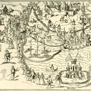 The Great Pond At Elvetham In 1591, The Scene Of The Entertainment Given By The Earl Of Hertford During The Visit Of Elizabeth I. The Queens Presence Seat And Her Attendants At A, Top Left. After A Contemporary Work