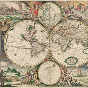 Hand coloured, world map by Gerard van Schagen, published in Amsterdam in the 1680s as Nova totius terrarum orbis tabula ex officina G. A. Schagen Amstelodami. It is based on Frederick de Wits 1668 map Orbis Maritimus. The mythological vignettes are the work of Romeyn de Hooghe