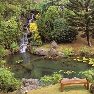 Hawaii, Kauai, Kilauea, Na Aina Kai Botanical Garden, Scenery Peaceful Waterfall And Pond
