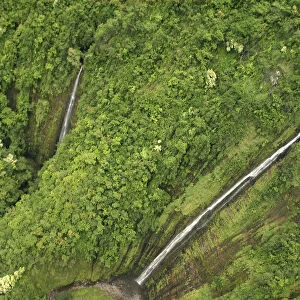 Hawaii, Maui, Hana Coast, Waihiumalu Waterfall, Two Falls, Green And Lush, View From Above