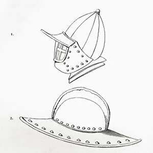 Helmets. 1. Incomplete Falling Beaver Or Visor Helmet. The Visor Opens On A Hinge On The Forehead. On This Example The Beaver Is Missing. 2. Pot Helmet Of A Pikeman, C. 1620. 3. Helmet With Two Part Visor And Semi Circular Apertures For Vision, C. 1600. From The British Army: Its Origins, Progress And Equipment, Published 1868