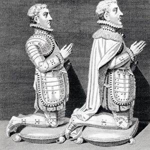 Henry Stuart Lord Darnley Left 1545 To 1567 Second Husband Of Mary Queen Of Scots And Charles Stuart Earl Of Lennox Right 1555 To 1576 Kneeling By Their Mothers Tomb In Westminster Abbey From Iconographia Scotica Or Portraits Of Illustrious Persons Of Scotland By John Pinkerton Published London 1797