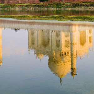 India, Agra, Taj Mahal, Temple Reflection At Sunset On Yamuna River