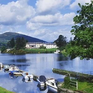 Killaloe, County Clare, Ireland; Lakeside Hotel With Boats Moored On The Lake