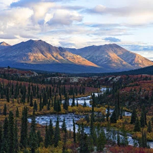 Landscape along the Nahanni Range Road, a remote and wild place in the Yukon. Beautiful fall colours are seen; Yukon, Canada