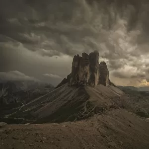 A Large Thunderstorm Looms Over Tre Cime In Natural Park Tre Cime In The Italian Dolomites; Cortina, Italy