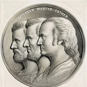 Lithograph From 1870 Of Medallion Showing Ulysses S. Grant, Abraham Lincoln And George Washington As Defender, Martyr And Father