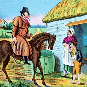 Magic Lantern Slide Circa 1900 Hand Coloured. john Gilpin Coloured Illustration. john Gilpin (18th Century) Was Featured As The Subject In A Well-Known Comic Ballad Of 1782 By William Cowper, Entitled The Diverting History Of John Gilpin. Cowper Had Heard The Story From His Friend Lady Austen. gilpin Was Said To Be A Wealthy Draper From Cheapside In London, Who Owned Land At Olney, Buckinghamshire, Near Where Cowper Lived. It Is Likely That He Was A Mr Beyer, A Linen Draper Of The Cheapside Corner Of Paternoster Row. the Poem Tells How Gilpin And His Wife And Children Became Separated During A Journey To The Bell Inn, Edmonton, After Gilpin Loses Control Of His Horse, And Is Carried Ten Miles Farther To The Town Of Ware