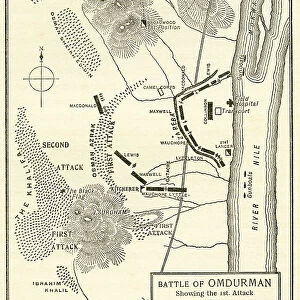 Map Of The Battle Of Omdurman, Khartoum, Sudan, 1898, Showing The 1st Attack At 6. 45 A. m. And The Khalifas Attack At 9. 40 A. m. From Field Marshal Lord Kitchener, His Life And Work For The Empire, Published 1916