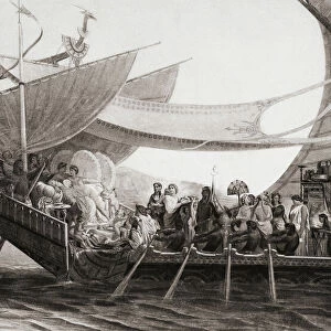 Marc Antony and Cleopatra aboard her royal barge. After a painting by French artist Henri-Pierre Picou in the book Triumphs of Modern Art, published 1891