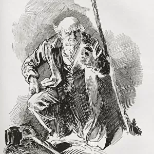 Mr. Boffin Among The Mounds. "he Measured A Shovels Length From The Pole Before Digging. Then From The Cavity He Made He Took Out What Appeared To Be An Ordinary Case-Bottle;One Of Those Squat, High Shouldered, Short Necked Glass Bottles Which The Dutchman Is Said To Keep His Courage In. "Illustration By Harry Furniss For The Charles Dickens Novel Our Mutual Friend, From The Testimonial Edition, Published 1910