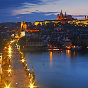 Night Lights Of Charles Bridge Or Karluv Most And Royal Palace On Castle Hill; Prague Czech Republic