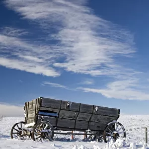 An old wooden wagon on a snow covered hillside with blue sky and clouds; Alberta canada