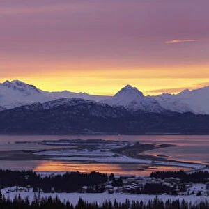 Panorama Of Homer & Homer Spit @ Sunrise W / Kenai Mountains Kenai Peninsula Alaska Winter Composite