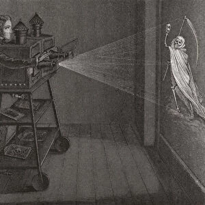 A phantasmagoria magic lantern horror show in the mid-19th century. After an illustration by an unidentified artist