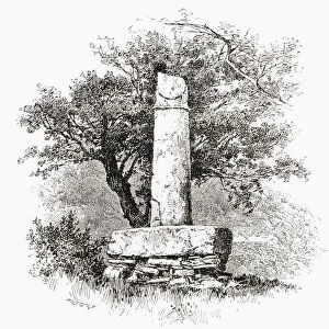The Pillar of Eliseg, aka Elises Pillar or Croes Elisedd, near Valle Crucis Abbey, Denbighshire, Wales, seen here in the 19th century. Erected by Cyngen ap Cadell, (c. 790 - 855), king of Powys in honour of his great-grandfather Elisedd ap Gwylog. From Welsh Pictures, published 1880