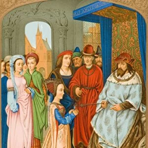 The Queen Of Sheba Before Solomon. 15Th Century Costume. Facsimile Of Miniature From Breviary Of Cardinal Grimaldi Attributed To Memling In Library Of San Marco Venice