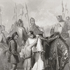 Richard Earl Of Pembroke, Taking Leave Of His Brother Before Leaving For Ireland In 1169. Richard De Clare, 2Nd Earl Of Pembroke, Lord Of Leinster, Justiciar Of Ireland, 1130 To 1176. Cambro-Norman Lord Notable For His Leading Role In The Norman Invasion Of Ireland. Drawn By H. Warren. From History Of Ireland, Published C. 1854
