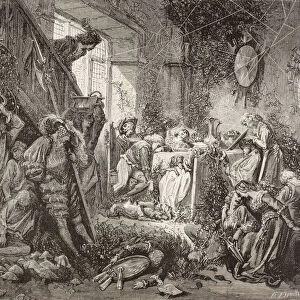Scene From Sleeping Beauty By Charles Perrault. The Princess Has Pricked Her Finger And Fallen Asleep. The Good Fairy Then Casts A Spell So That Everyone In The Castle Falls Asleep. After A Work By Gustave Dore. From El Mundo Ilustrado, Published Barcelona, Circa 1880