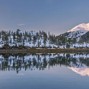 Snowy Scenic Reflected In The Waters Of Harrison Lagoon At Sunrise, Port Wells, Prince William Sound, Chugach National Forest, Southcentral Alaska, Usa