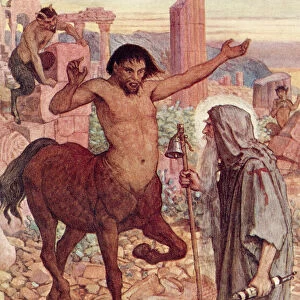 St. Anthony meets a centaur and a satyr during his journey through the desert to find Saint Paul of Thebes. Saint Anthony or Antony, 251 - 356. Christian monk from Egypt. From The Book of Saints and Heroes, published 1912