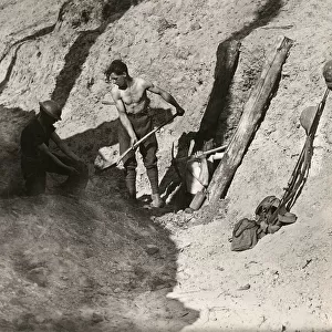 Stereoview, World War One, The Great War, Realistic Travels military photographs circa 1918. Sappers and miners work on a tunnel under hill overlooking the Ypres salient, blown up on April 10th